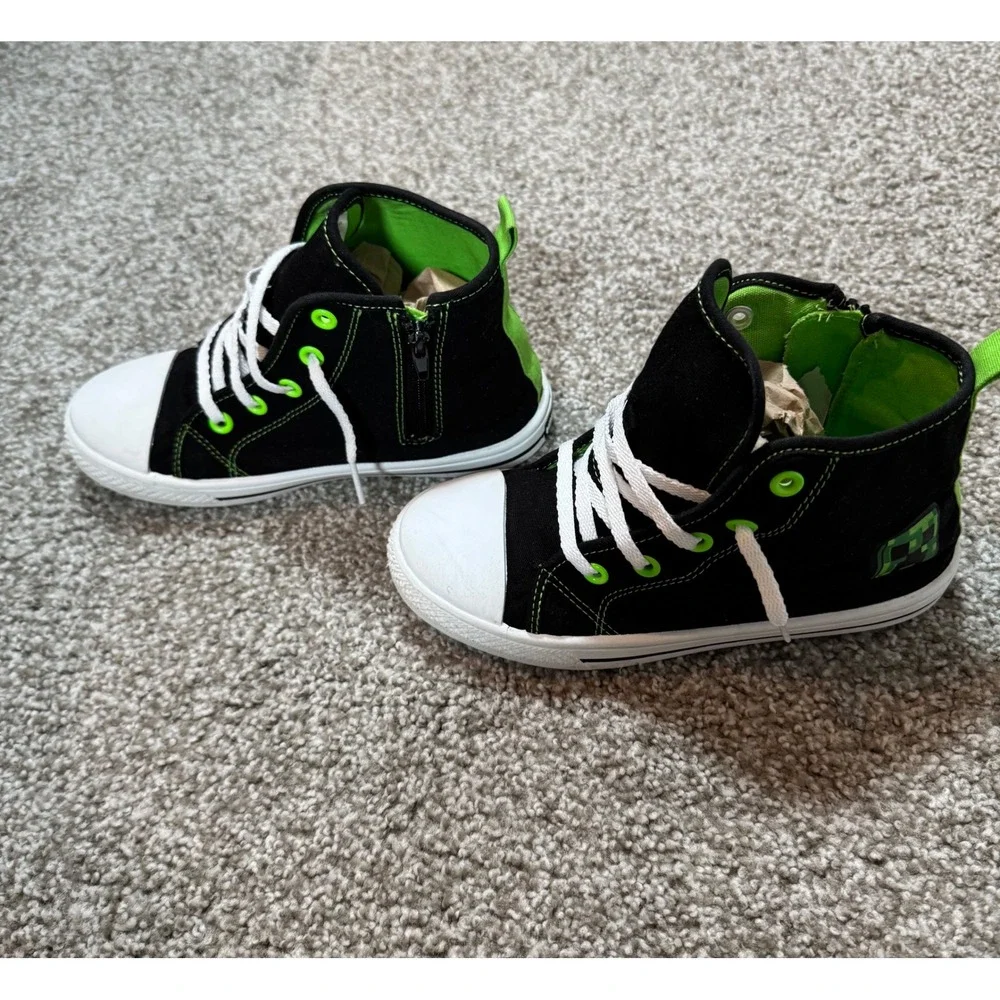 Minecraft Creeper Kids High Top Sneakers Black Green Youth Size 1